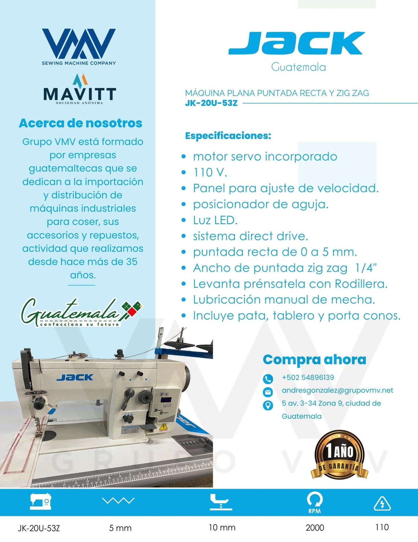 MÁQUINA DE COSER PLANA PUNTADA RECTA Y ZIG ZAG JACK JK-20U-53Z