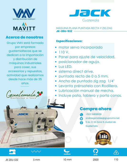 MÁQUINA DE COSER PLANA PUNTADA RECTA Y ZIG ZAG JACK JK-20U-53Z