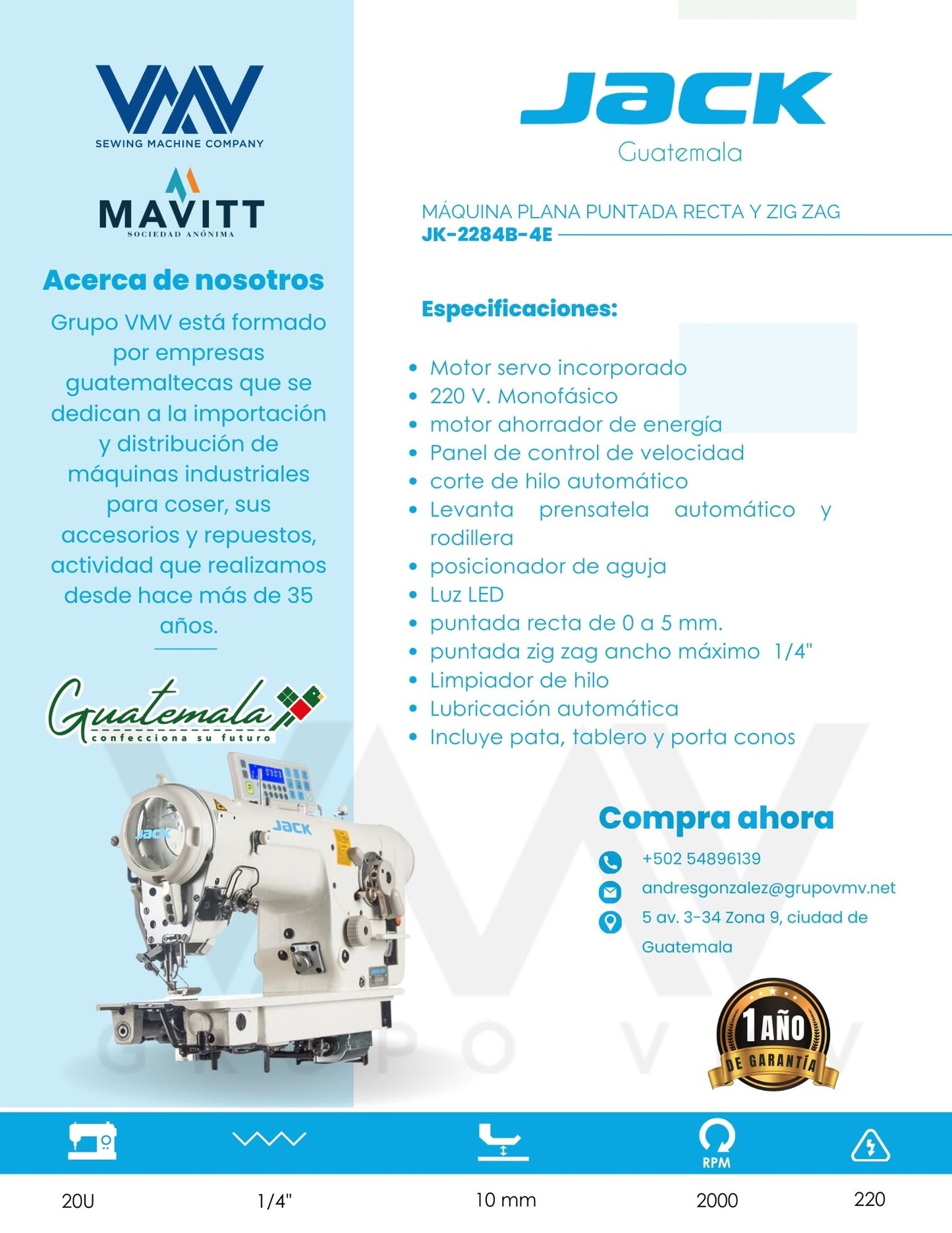 MÁQUINA DE COSER PLANA PUNTADA RECTA Y ZIG ZAG JACK JK-T2284B-4E