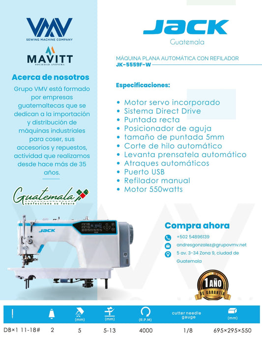 MÁQUINA DE COSER PLANA AUTOMÁTICA CON REFILADOR JACK JK-5559F-W