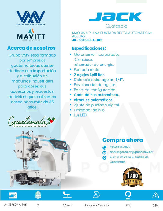 MÁQUINA DE COSER PLANA DE 2 AGUJAS CON SPLIT BAR JACK JK-58750J-A-105