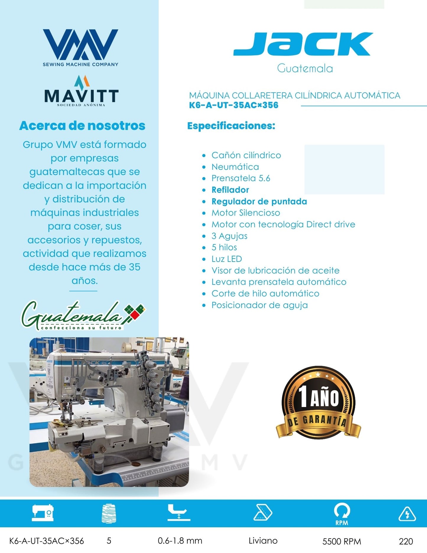 MÁQUINA DE COSER COLLARETERA CILÍNDRICA JACK K6-A-UT-35AC×356