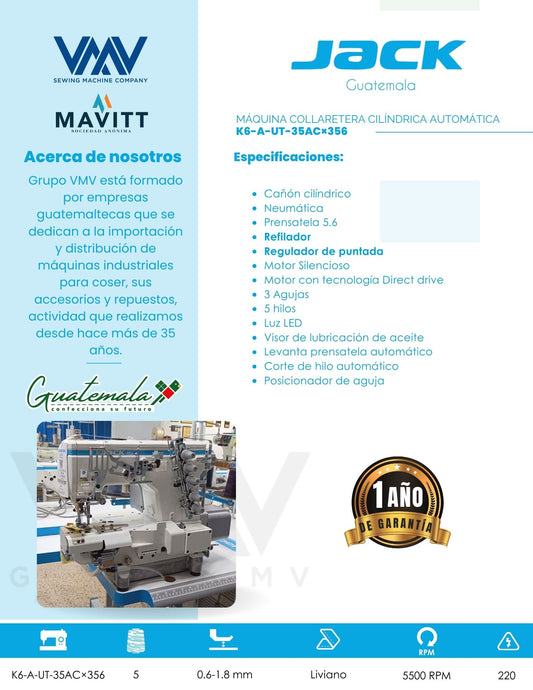 MÁQUINA DE COSER COLLARETERA CILÍNDRICA JACK K6-A-UT-35AC×356