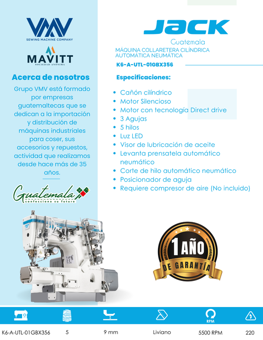 MÁQUINA DE COSER COLLARETERA CILÍNDRICA JACK K6-A-UTL-01GBX356