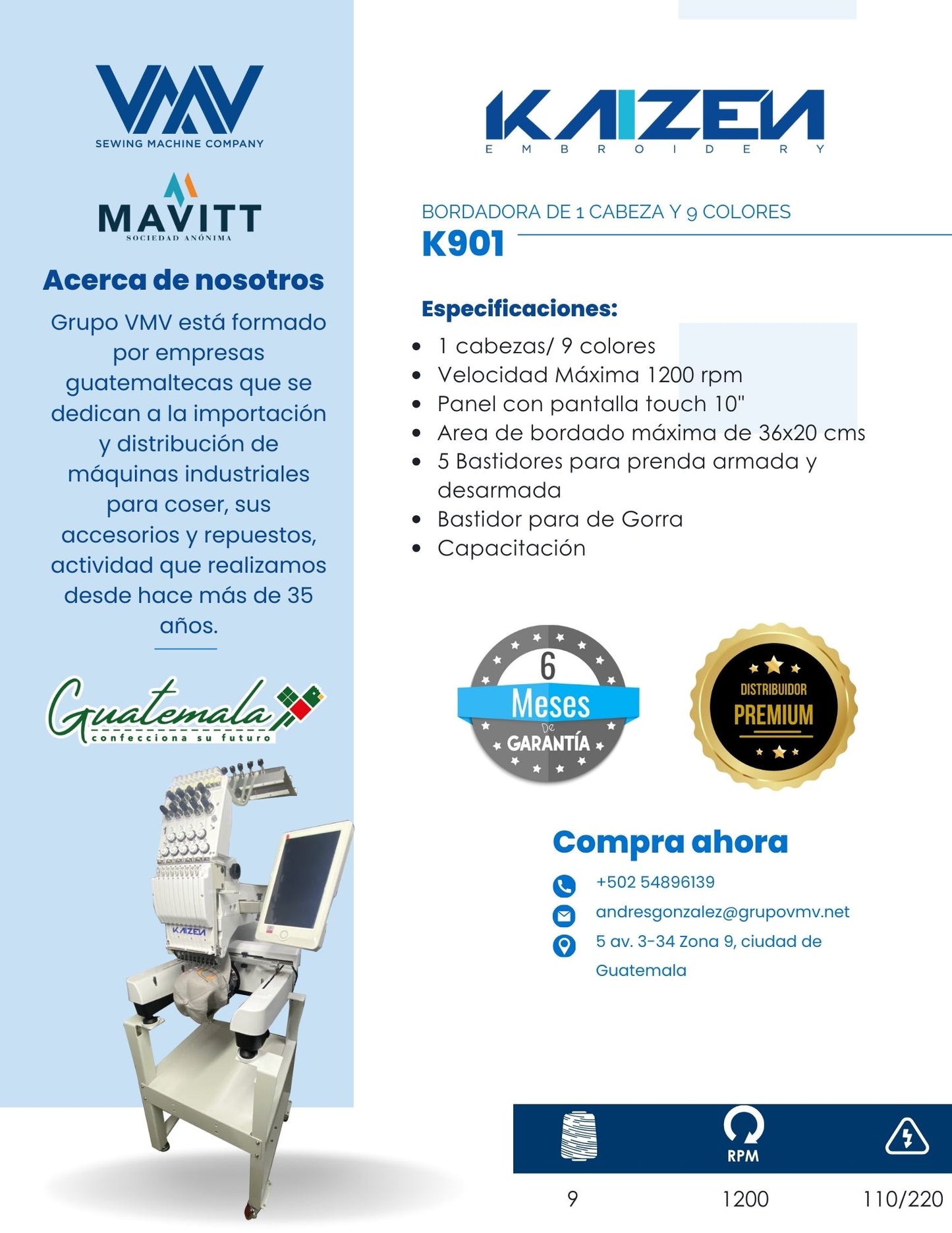 BORDADORA DE 1 CABEZA Y 9 COLORES KAIZEN K901