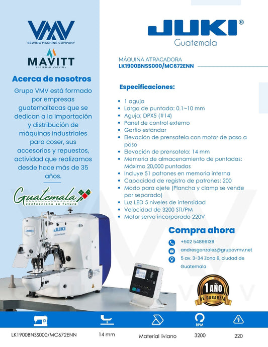 MÁQUINA DE COSER ATRACADORA JUKI LK1900BNSS000/MC672ENN