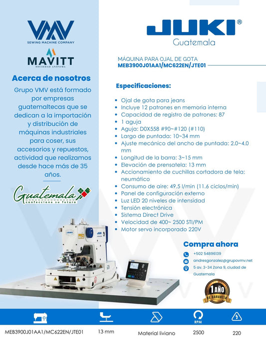 MÁQUINA DE COSER PARA OJAL DE GOTA JUKI MEB3900J01AA1/MC622EN/JTE01