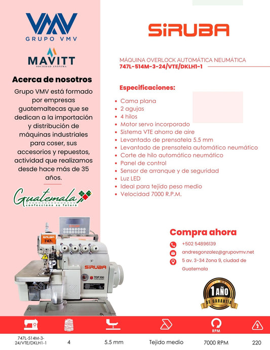 Máquina de coser Overlock Siruba 747L-514M-3-24/VTE/DKLH1-1