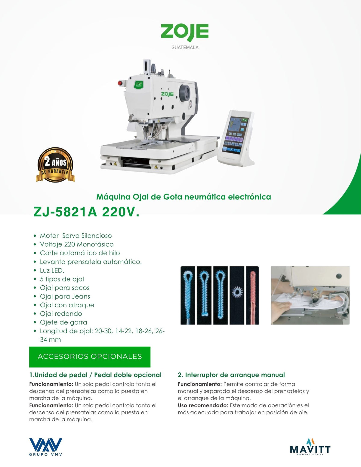 Máquina de coser Ojal de Gota Zoje ZJ-5821A 220V.