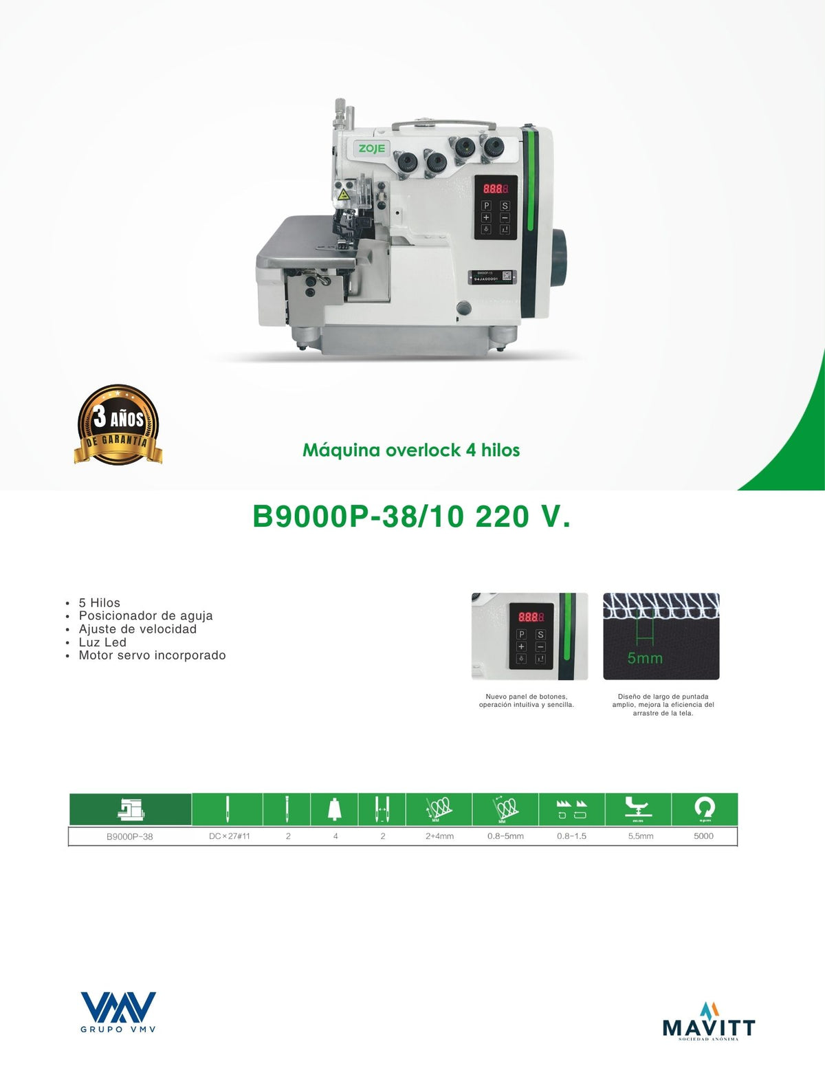 Máquina de coser Overlock de 4 hilos Zoje B9000P-13/10