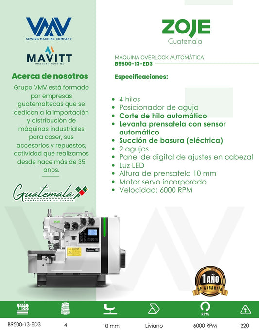 MÁQUINA DE COSER OVERLOCK DE 4 HILOS AUTOMÁTICA ZOJE B9500-13-ED3