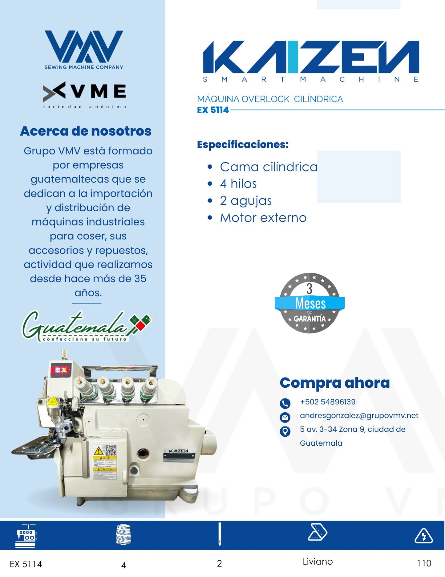MÁQUINA DE COSER OVERLOCK DE 4 HILOS CILÍNDRICA KAIZEN EX 5114
