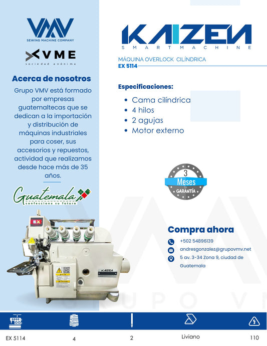 MÁQUINA DE COSER OVERLOCK DE 4 HILOS CILÍNDRICA KAIZEN EX 5114