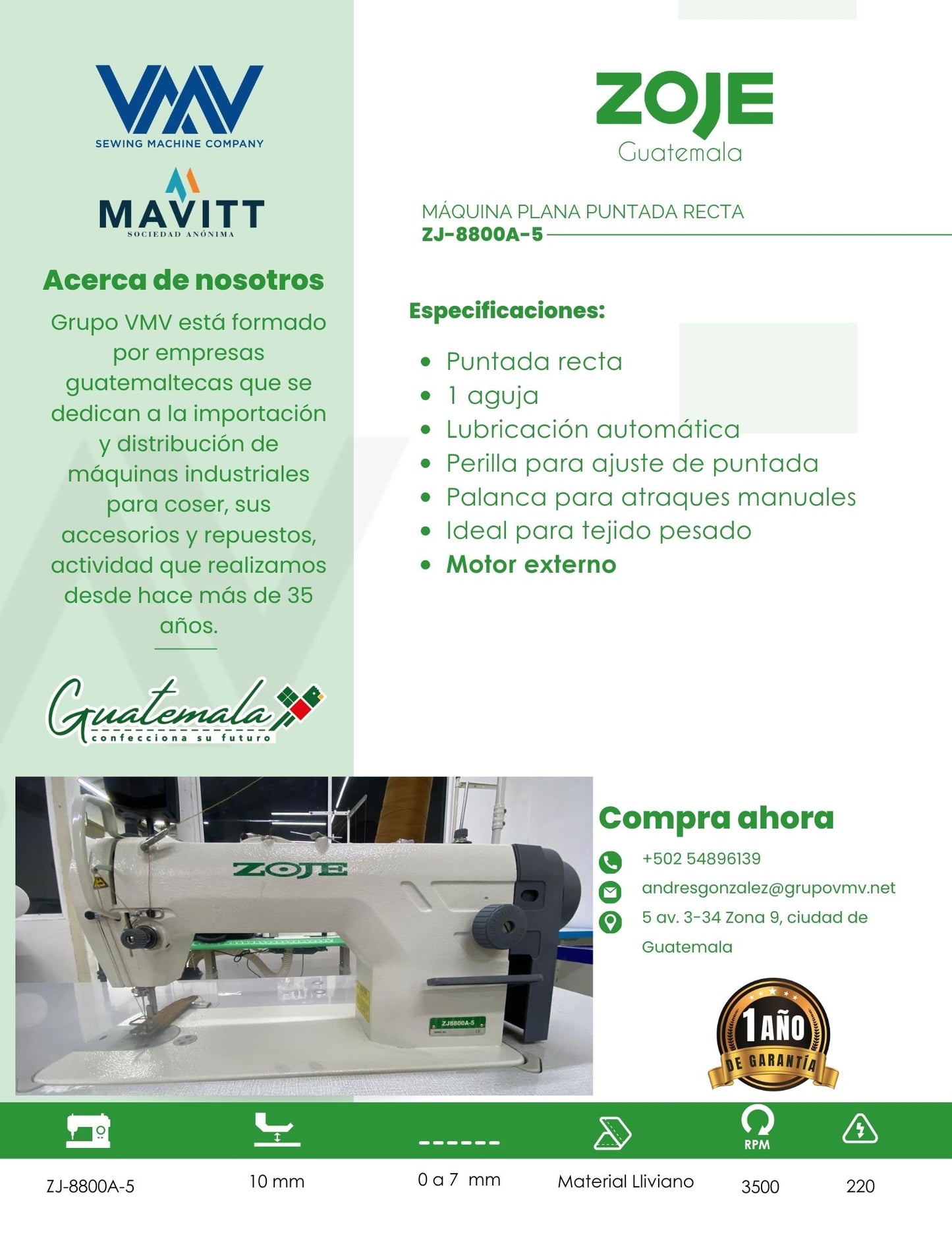 MÁQUINA DE COSER CAMA PLANA PUNTADA RECTA ZOJE ZJ8800A-5