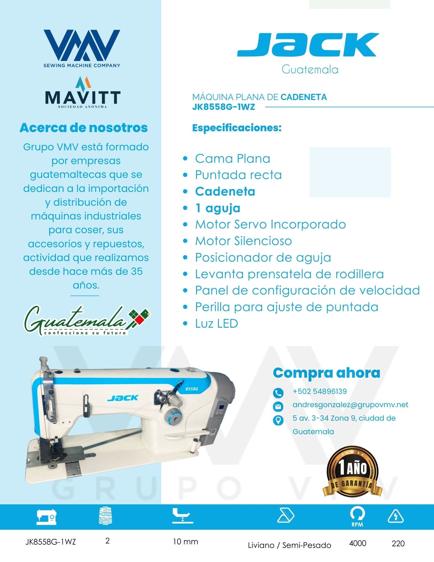 MÁQUINA DE COSER JACK PLANA PUNTADA DE CADENETA DE 1 AGUJA  JK-8558G-1WZ